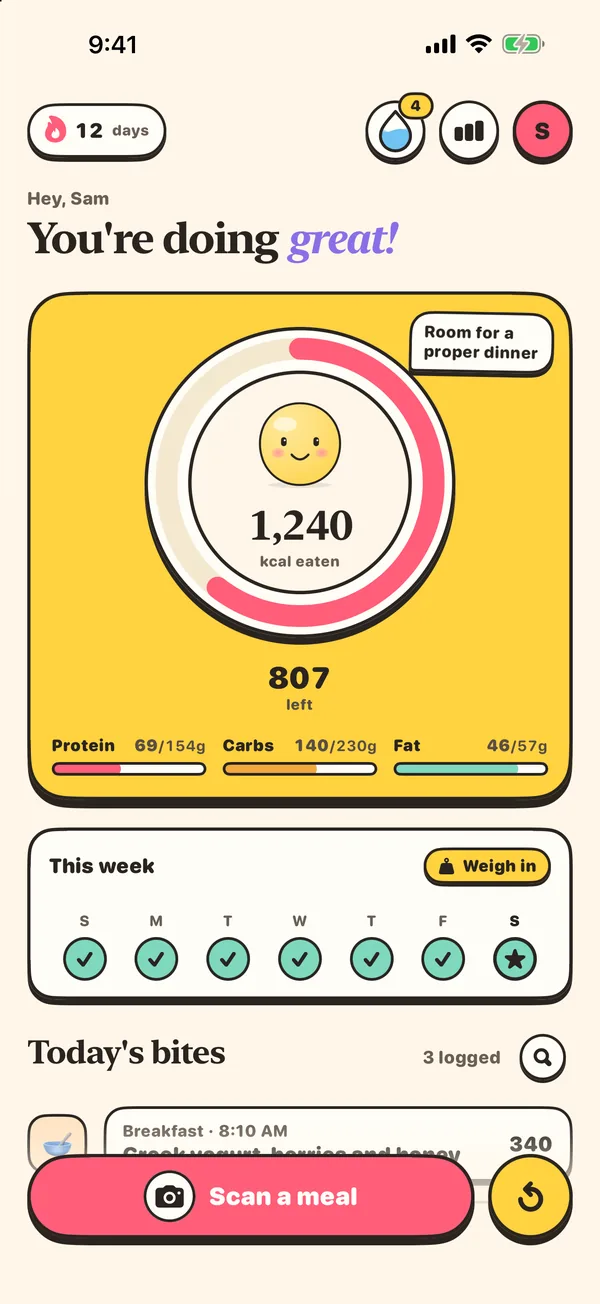 Bitey home screen with the calorie ring, macros and this week's streak