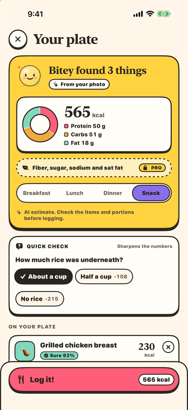 Bitey result screen listing the foods it found