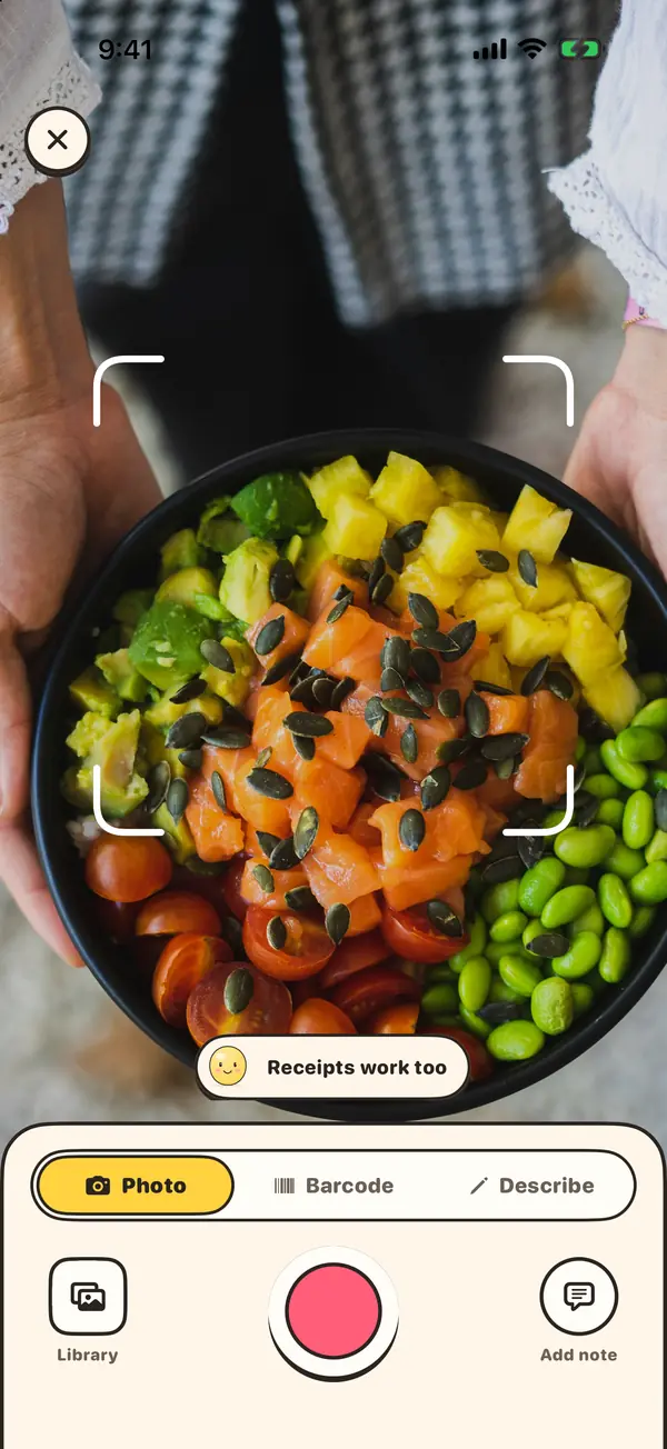 Bitey's camera framing a salmon poke bowl, ready to scan